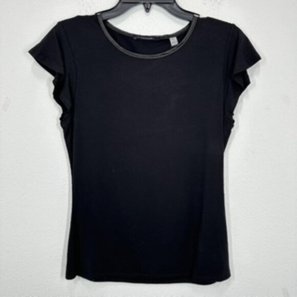 T Tahari Black Crewneck Flutter‎ Sleeve Stretch Jersey Knit Essential Tee NWT